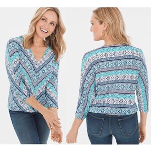 Chico's Top Size 1 (8) Blue Mix Print LW Chevron
